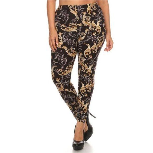 Black and Gold Paisley Pattern Print Buttery Soft Leggings - Picture 2 of 4